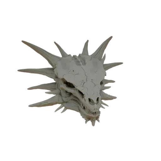 Детализированный 3D рендер черепа дракона с шипами на белом фоне.