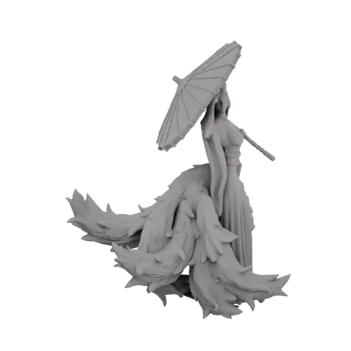 3D модель изящной Девятихвостой Лисы в струящихся одеждах с девятью пушистыми хвостами, держащей традиционный зонт.