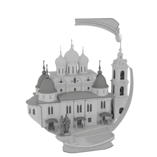 3D модель белой православной церкви с несколькими луковичными куполами и высокой колокольней на белом фоне.