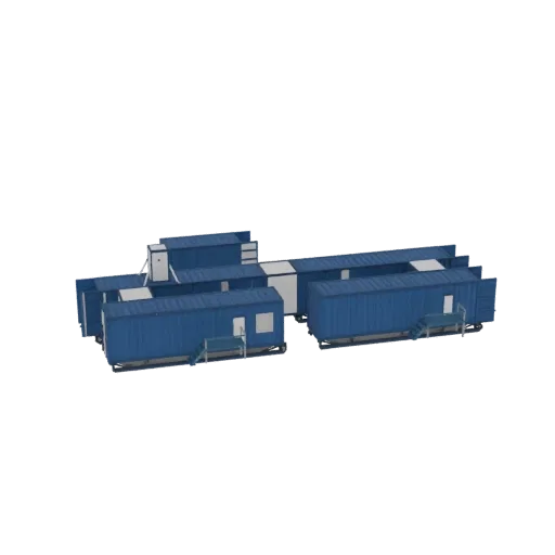 3D модель модульного комплекса из соединенных синих морских контейнеров, вид под небольшим углом сверху.