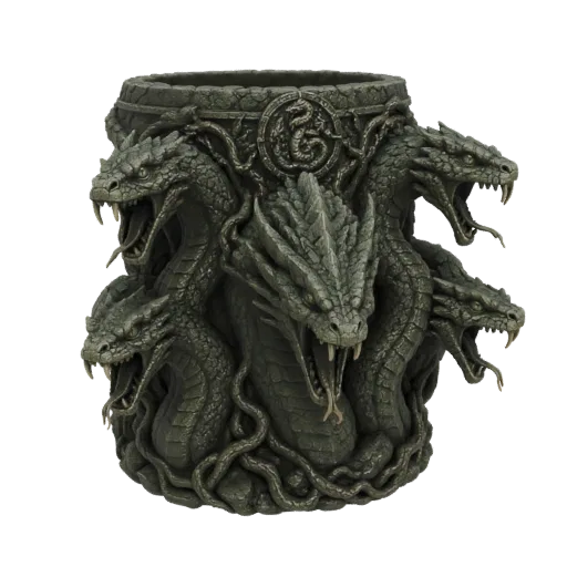 3D-модель темно-серого держателя для ручек с текстурой камня, изображающая несколько угрожающих голов Гидры с открытыми пастя