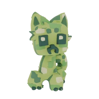 3D-рендер фигурки Крипер-Кот, гибрида кошки и Крипера из Minecraft, с зеленой пиксельной кожей и квадратными глазами.