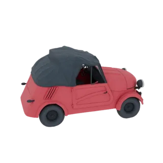 3D модель винтажного красного кабриолета с темно-серым тканевым верхом, вид с трехчетвертного ракурса.