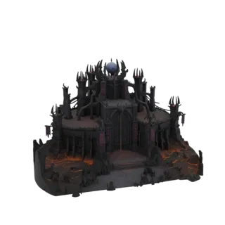 3D модель темной готической цитадели с острыми шпилями и светящимся лавовым основанием на белом фоне.