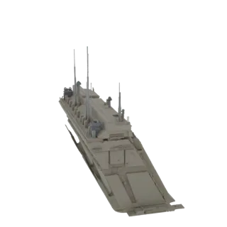 3D модель футуристического военного командного корабля с длинной плоской палубой и множеством антенн, отрендеренная на белом