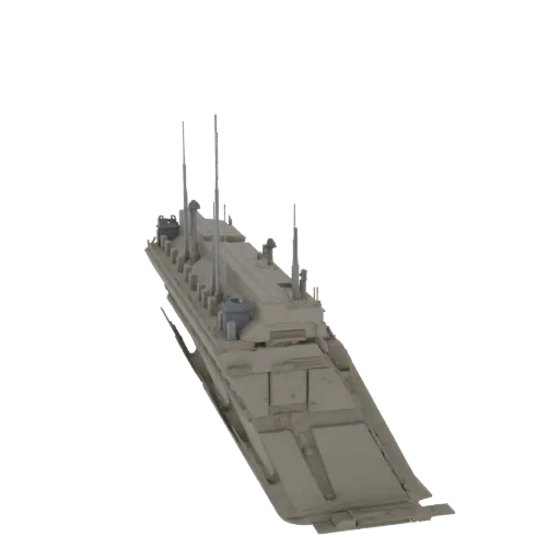 3D модель футуристического военного командного корабля с длинной плоской палубой и множеством антенн, отрендеренная на белом