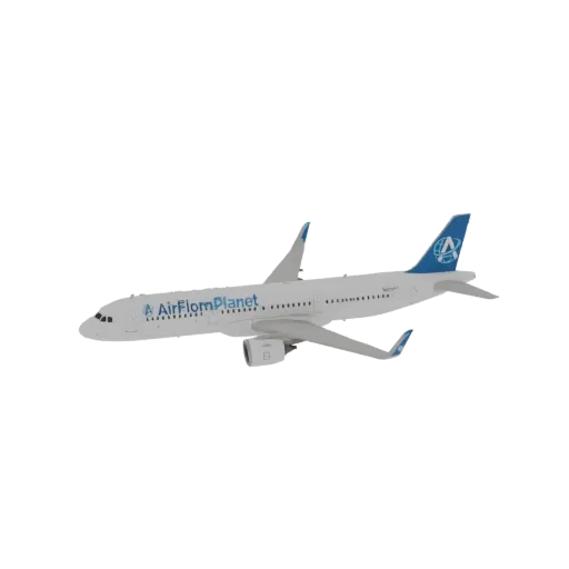3D модель белого пассажирского самолета AirFlomPlanet с синими акцентами, показанная в полете на белом фоне.