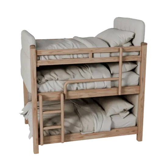 Мягкая двухъярусная кровать, реалистичная 3D-модель, спальня, рендер в студии с трех четвертей, детали ткани.