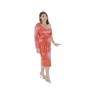 3D модель женщины в элегантном коралловом платье с одним плечом и драпировкой, с белыми туфлями, позирующей на белом фоне.