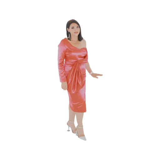 3D модель женщины в элегантном коралловом платье с одним плечом и драпировкой, с белыми туфлями, позирующей на белом фоне.