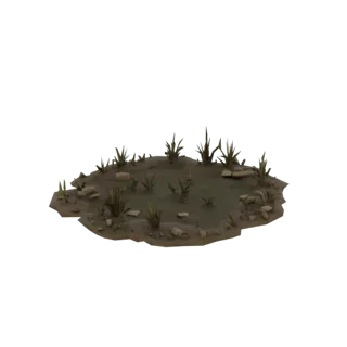 3D модель участка грязи с разбросанными камнями и пучками сухой травы, вид под небольшим углом сверху.
