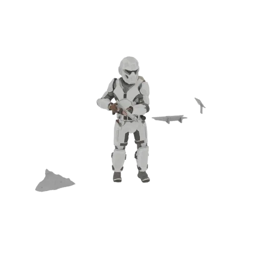 3D модель космического солдата в белой броне с винтовкой, стоящего на скалистой местности.