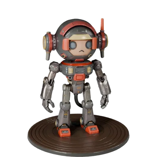 Рендер виниловой фигурки робота, 3D-модель, превью, демонстрирующее позу, вид в три четверти и детали поверхности