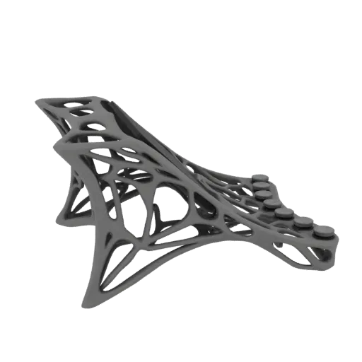 3D модель футуристичного кресла с замысловатой органической решетчатой структурой, отрендеренная в матовом сером цвете.