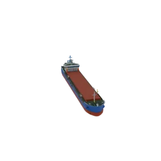 3D модель современного балкера с синим корпусом и красной палубой, вид под небольшим углом.