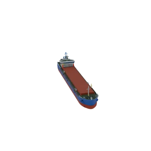 3D модель современного балкера с синим корпусом и красной палубой, вид под небольшим углом.