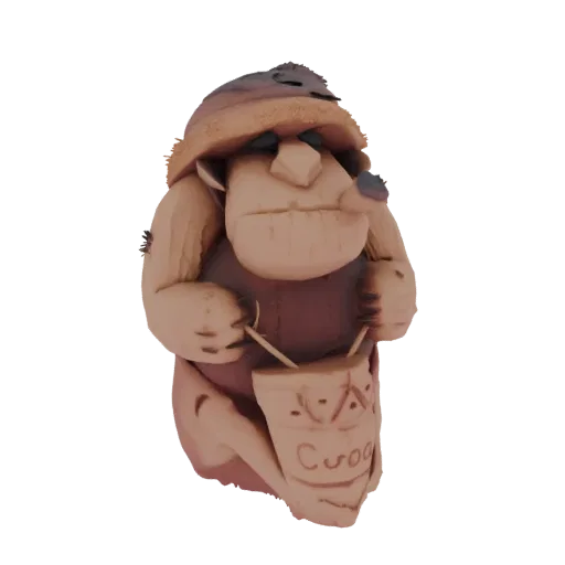3D модель тролля в глиняном стиле, играющего на барабане, в шляпе и с палочками.
