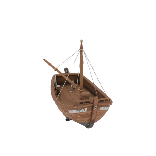 3D модель деревянной лодки "WaveBreaker" с мачтой и такелажем, вид сбоку