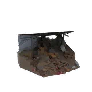 3D модель разрушенной диорамы здания с разбросанными обломками и сломанными деревянными балками на черном фоне.