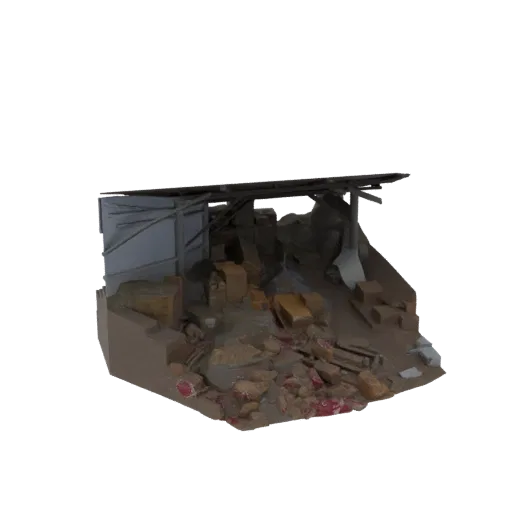 3D модель разрушенной диорамы здания с разбросанными обломками и сломанными деревянными балками на черном фоне.