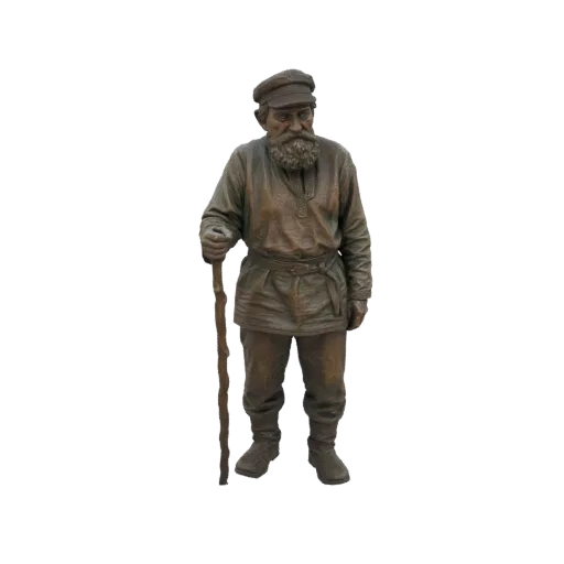 3D модель старика с длинной бородой, в кепке и традиционной одежде, с тростью, в стиле бронзовой статуи.