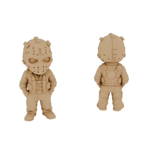 3D модель чиби хоррор персонажа в маске хоккеиста и тактическом жилете, вид спереди и сзади.
