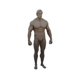 3D модель мускулистого мужского тела в полный рост, с детализированной мускулатурой и нейтральным глиняным материалом.