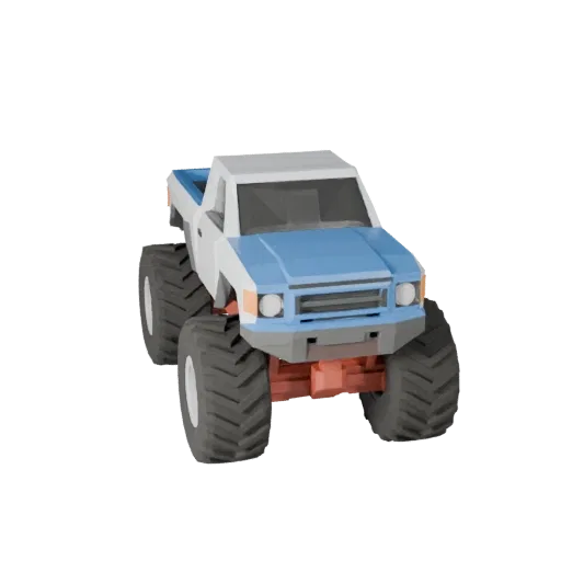 Низкополигональная 3D-модель монстр-трака, трехчетвертной игровой вид, низкополигональный актив транспортного средства со спе