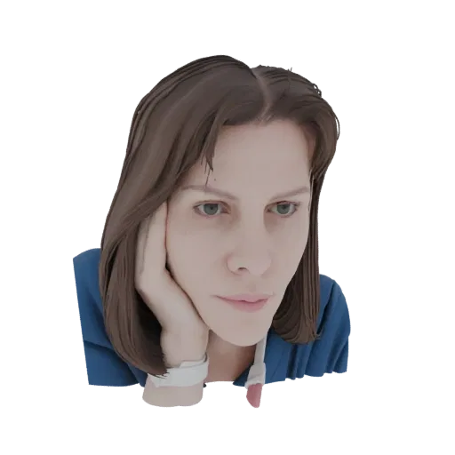 3D-модель женщины с каштановыми волосами, опирающейся головой на руку, в синем топе.