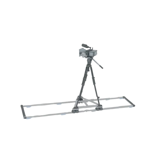 3D-модель профессиональной видеокамеры на штативе с тележкой на белом фоне.