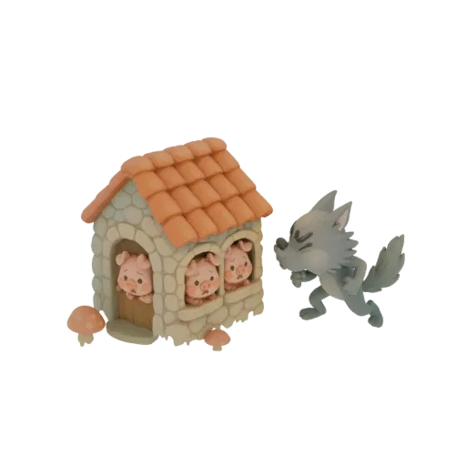 3D модель Трёх поросят в их каменном доме, с приближающимся Серым Волком, окружённая маленькими грибами.