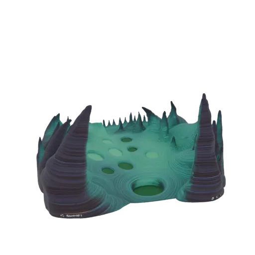 3D модель инопланетных болот со светящимися зелеными водоемами и темными, острыми скалами.