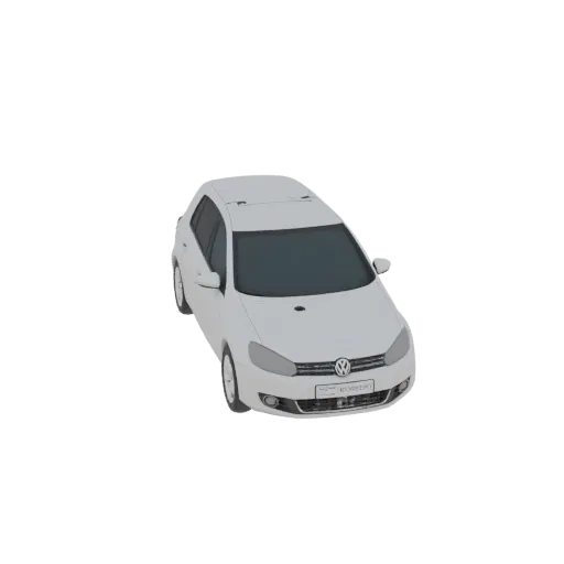 3D модель белого хэтчбека Volkswagen Golf, вид с немного приподнятого передне-левого угла, на простом белом фоне.