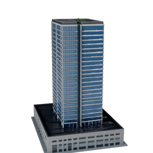 Коммерческое высотное здание реалистичная 3D модель, вид с трех четвертей снаружи, показывающий материалы коммерческого офисн