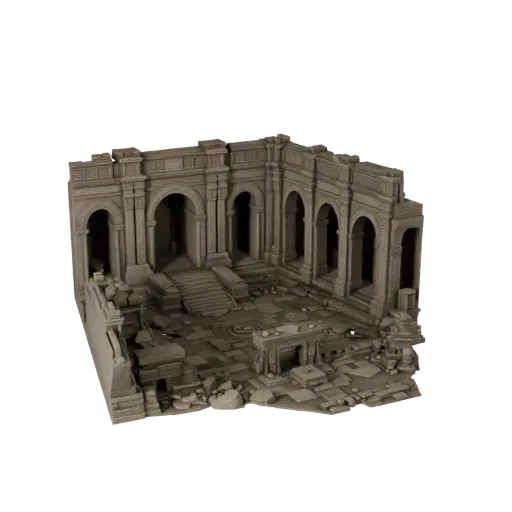 3D модель Двора Древнего Храма Unity, изометрический вид, показывающий старый камень, остатки построек.