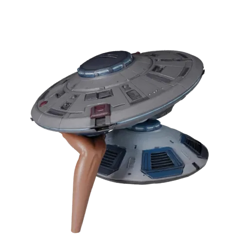 Модульная 3D-модель НЛО, изометрический вид модульного набора, с эмиссионными полосами, четким силуэтом объекта.