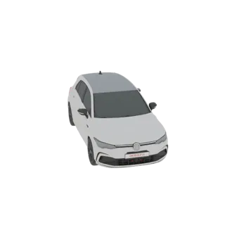 3D модель белого хэтчбека Volkswagen Golf 8, вид с немного приподнятого передне-правого угла.