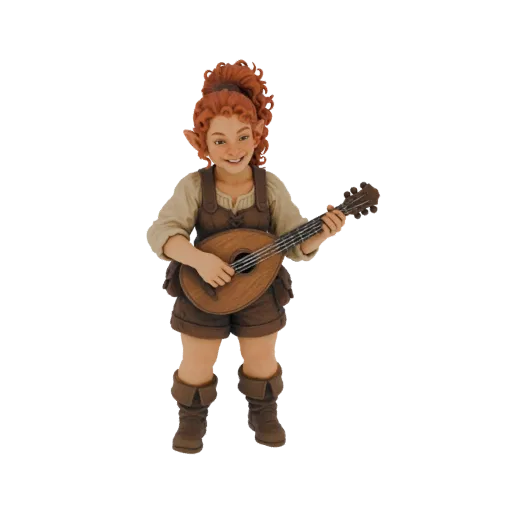 3D модель веселого гнома-барда с рыжими волосами, в кожаном комбинезоне, играющего на лютне, на белом фоне.