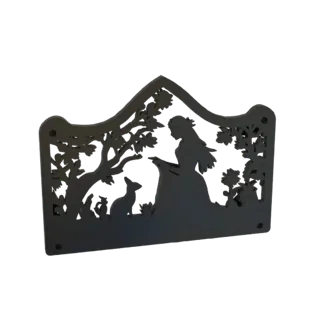 3D-модель зачарованного лесного пейзажа с принцессой и кроликом, выполненная в черном силуэтном стиле на белом фоне.