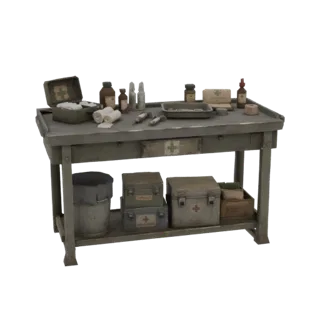 3D модель винтажной металлической медицинской тележки с бутылками, бинтами, шприцами и медицинскими коробками на полках.