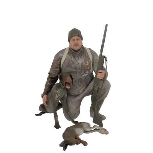 3D модель охотника в камуфляже на коленях с собакой породы Немецкий курцхаар и кроликом.