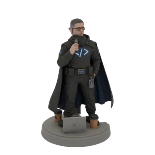 3D модель хакера в плаще, с вейпом, ноутбуком и чашками кофе на подставке.