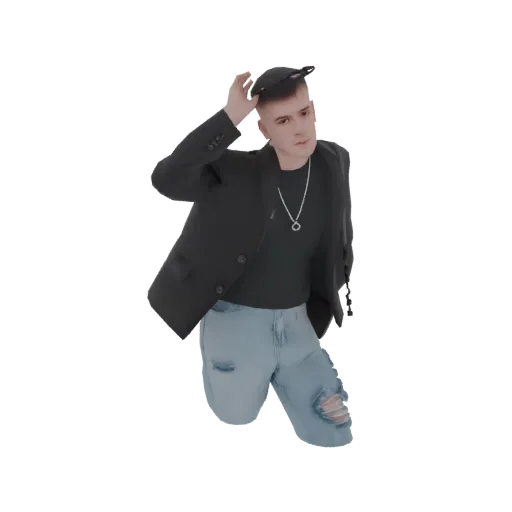 3D модель молодого мужчины в черном блейзере, футболке, рваных джинсах и кепке, одна рука касается кепки.