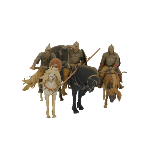 3D модель трех русских богатырей на конях, в исторической броне и с оружием.
