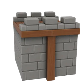 3D модель секции башни замка с серыми каменными блоками и деревянными балками, с зубцами наверху.