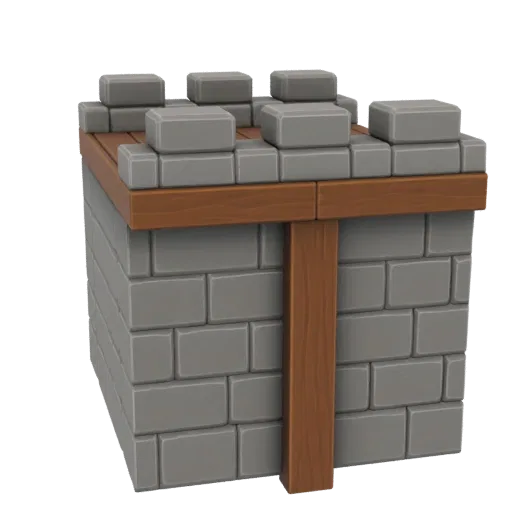 3D модель секции башни замка с серыми каменными блоками и деревянными балками, с зубцами наверху.