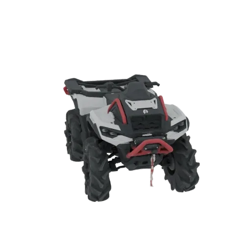 3D модель белого и красного квадроцикла Can-Am Outlander 6x6 с большими шинами и лебедкой, вид спереди три четверти.