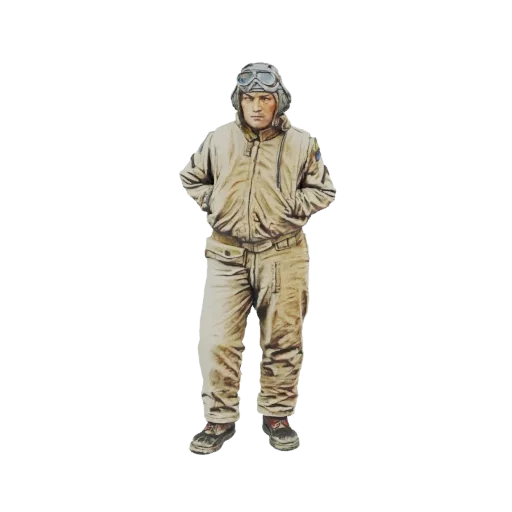 3D модель танкиста Второй мировой в бежевом летном костюме и шлеме с очками, стоящего с руками в карманах.