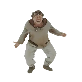 3D модель Уэка из Кин-дза-дза с искаженным выражением лица и раскинутыми руками, в тунике и головном уборе.
