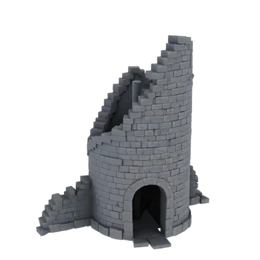 3D модель разрушенной каменной башни с видимой винтовой лестницей и арочным входом на черном фоне.